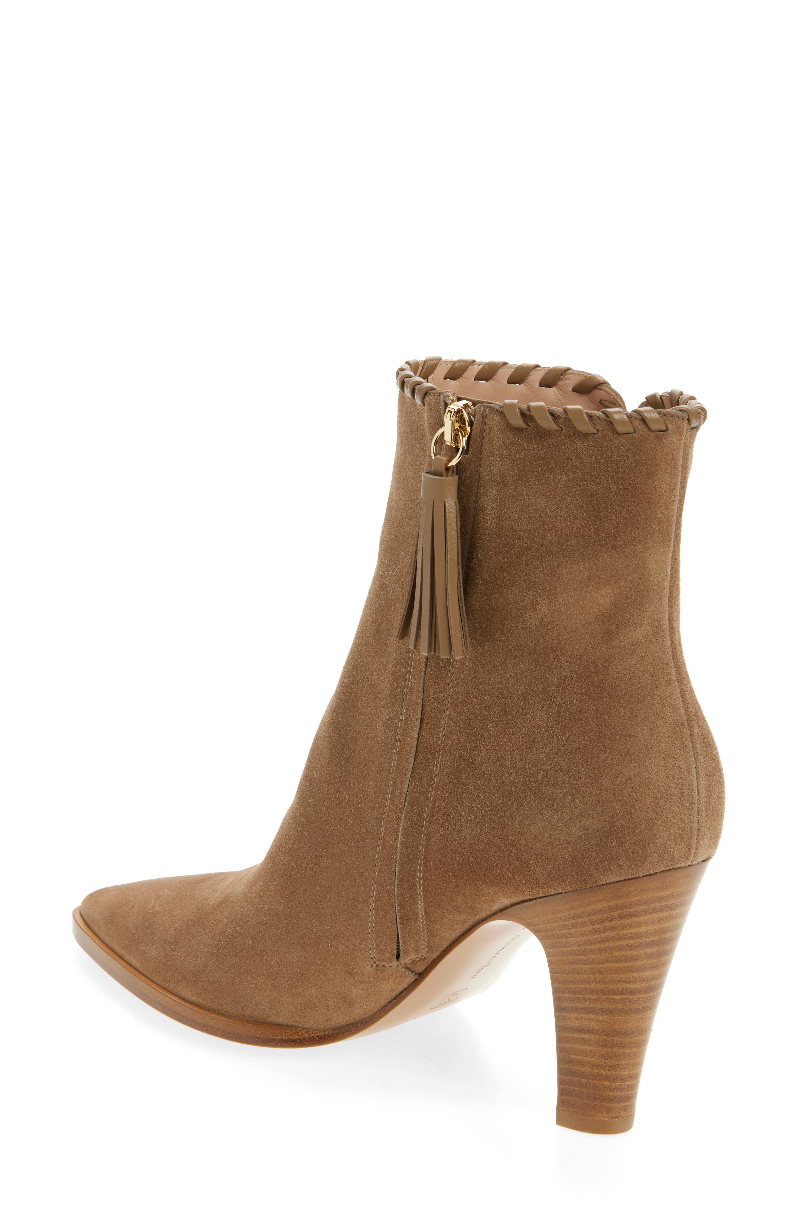 Gianvito Rossi Whipstitch Pointed Toe Bootie, Alternate, color, Camel