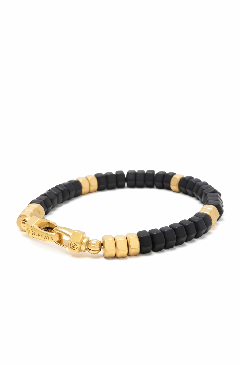 Nialaya Hexagon Onyx Beaded Gold Bracelet, Alternate, color, Black Onyx / Gold