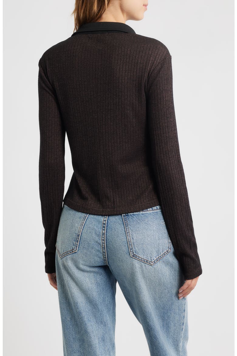 Contrast Trim Rib Button-Up Shirt, Alternate, color, DARK BROWN