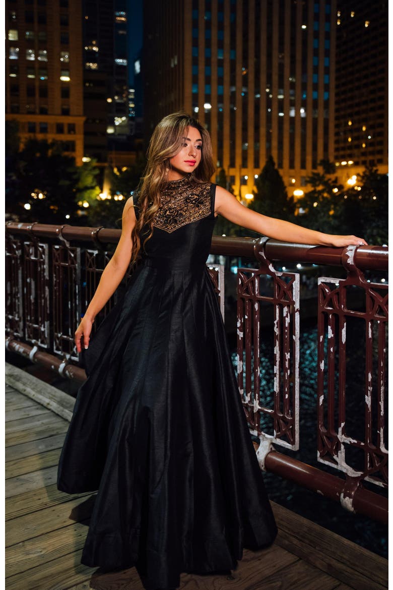 Zuri Embroidered High Neck Gown, Alternate, color, Black