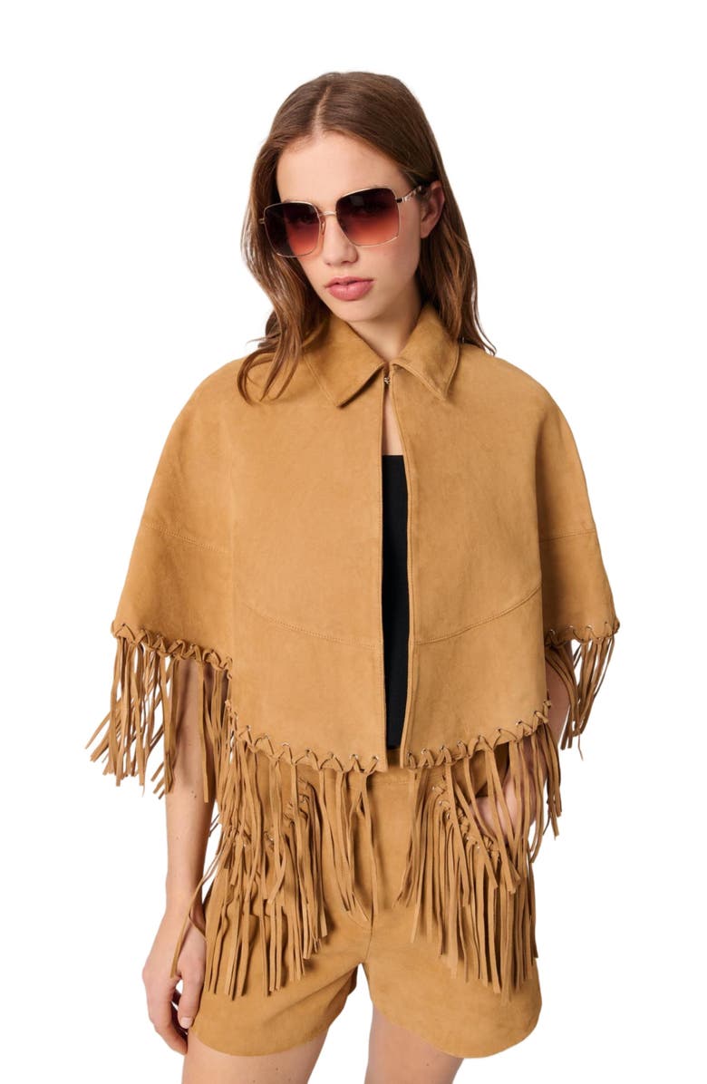 maje Short nubuck fringed coat, Main, color, 