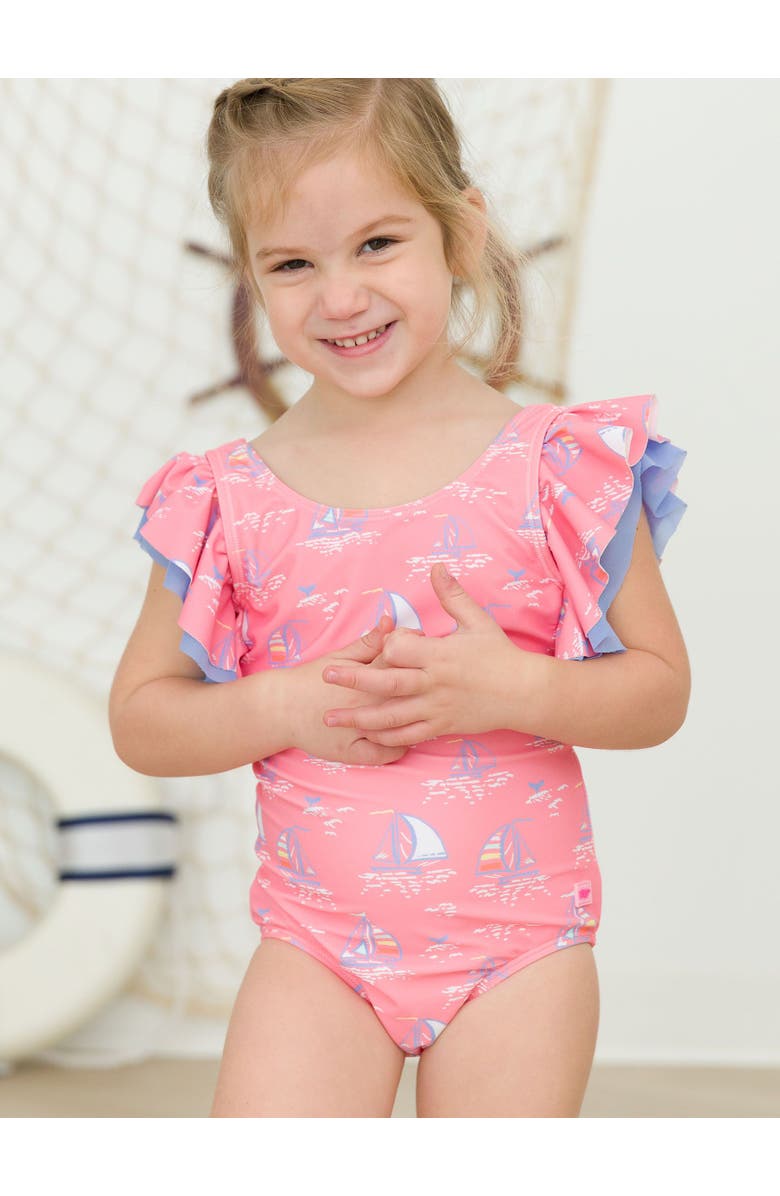 RuffleButts Baby/Toddler Girls UPF50+ Sun Protected Butterfly One Piece, Alternate, color, Pink Seas The Day