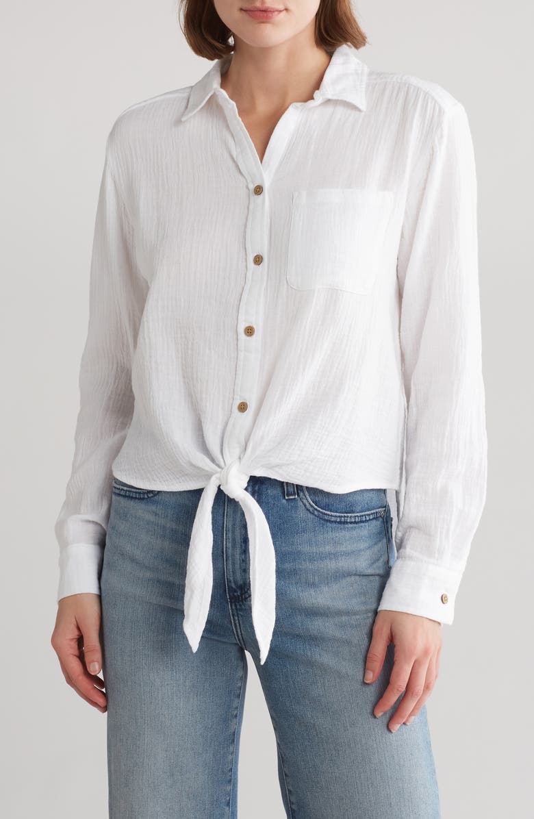 beachlunchlounge Long Sleeve Tie Hem Cotton Gauze Button-Up Shirt, Main, color, 