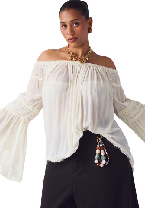 Sheer Crinkle Chiffon Off The Shoulder Top