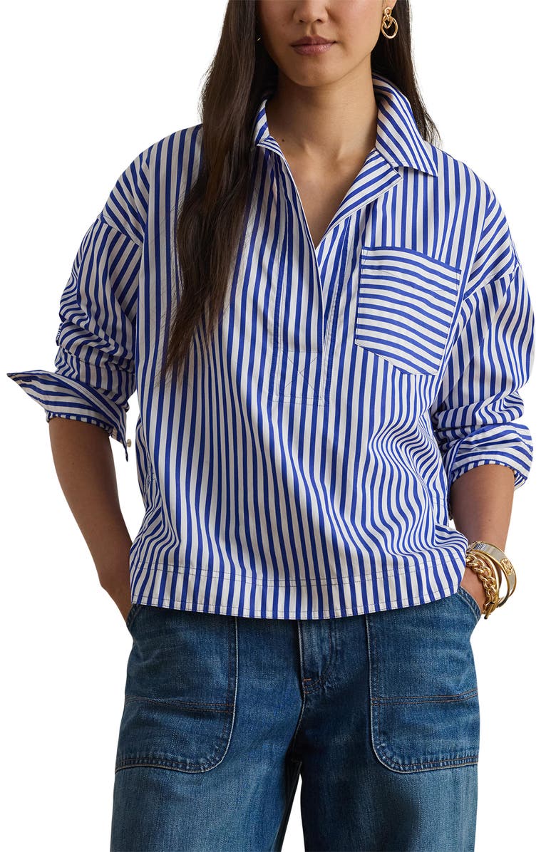 Lauren Ralph Lauren Satchee Stripe Cotton Popover Blouse, Main, color, Blue/ White Multi