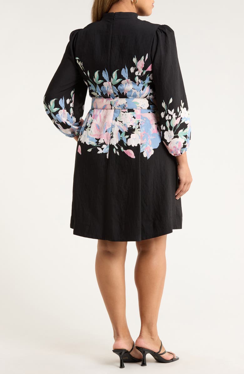 Tahari ASL Print Belted Long Sleeve Dress, Alternate, color, Black Blue Pink