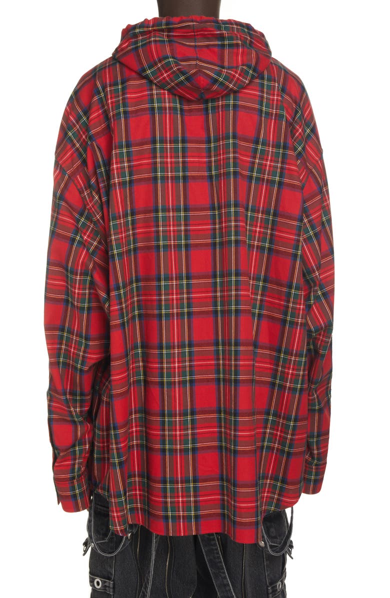 Balenciaga Plaid Hooded Flannel Button-Up Shirt, Alternate, color,