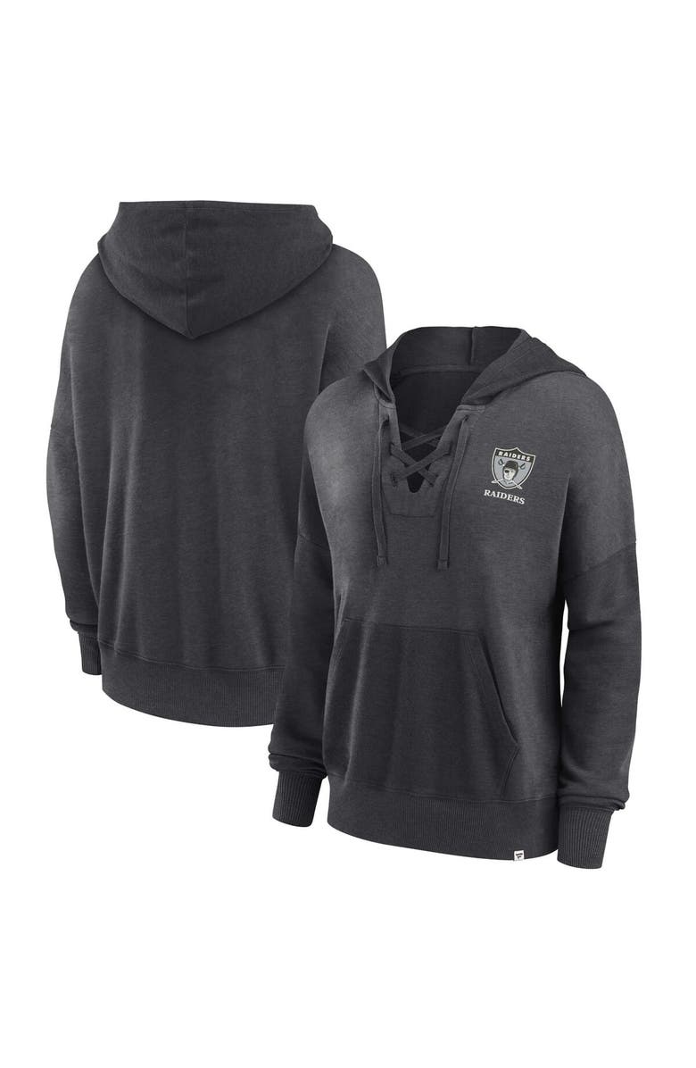 FANATICS Women's Fanatics Branded Heather Charcoal Las Vegas Raiders Heritage Snow Wash French Terry Lace-Up Pullover Hoodie, Alternate, color, Heather Charcoal