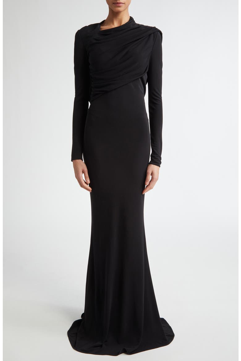 Joy Long Sleeve Pleated Jersey Mermaid Dress, Main, color, BLACK