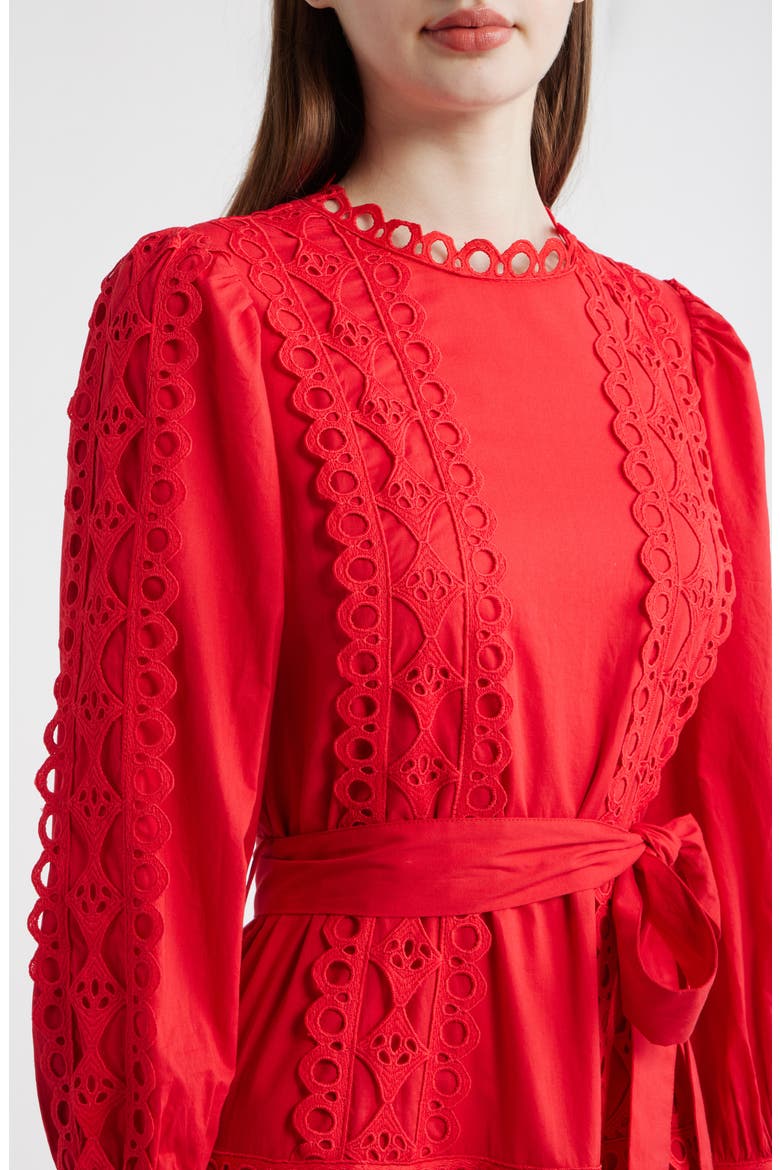 Lace Trim Long Sleeve Cotton Maxi Dress, Alternate, color, CANDY APPLE
