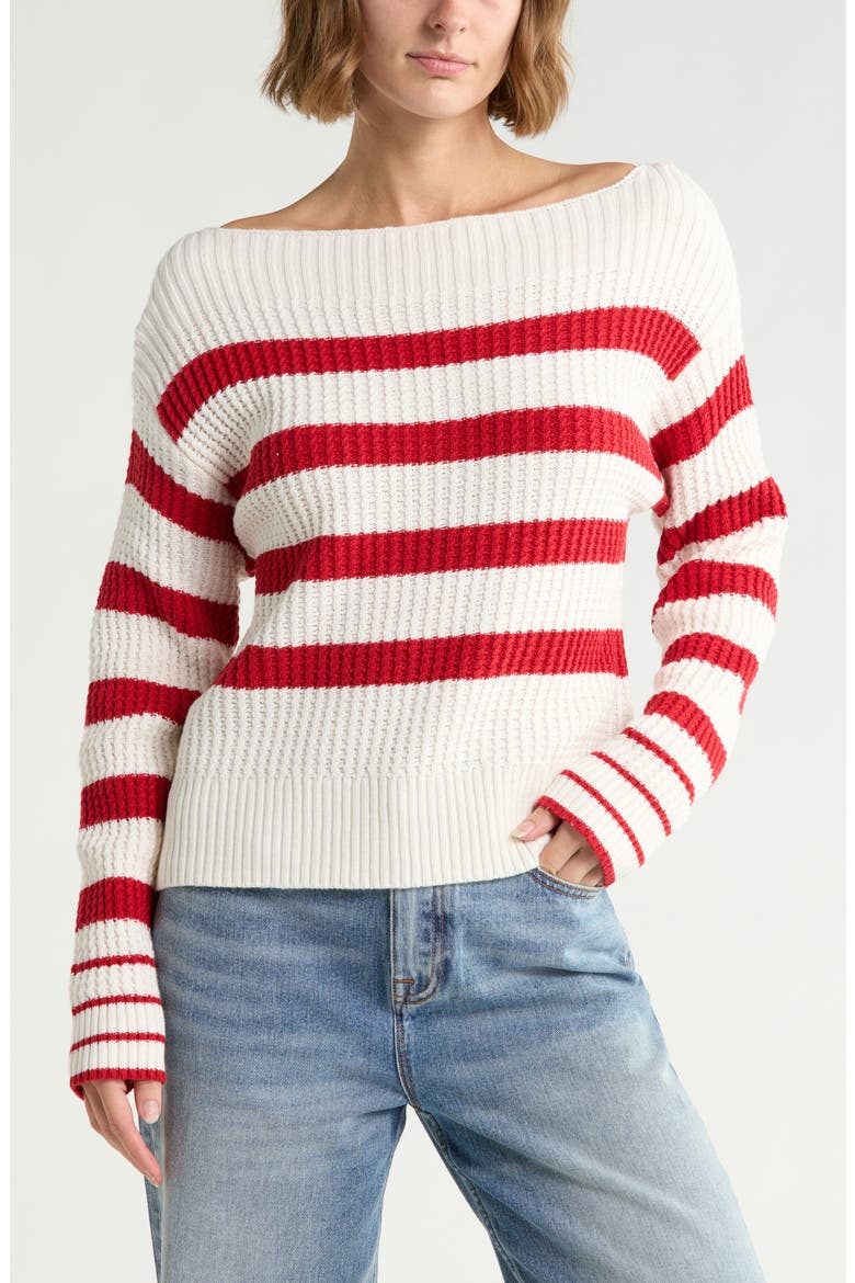 Thermal Stitch Boat Neck Sweater, Main, color, CREME/ RED