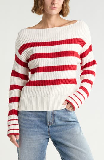 Vigoss Thermal Stitch Boat Neck Sweater in Creme/Red at Nordstrom Rack, Size X-Large