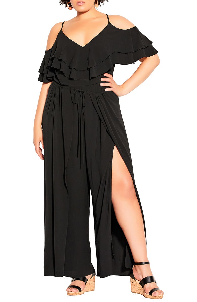 City Chic Cold Shoulder Split Leg Jumpsuit, Main, color,