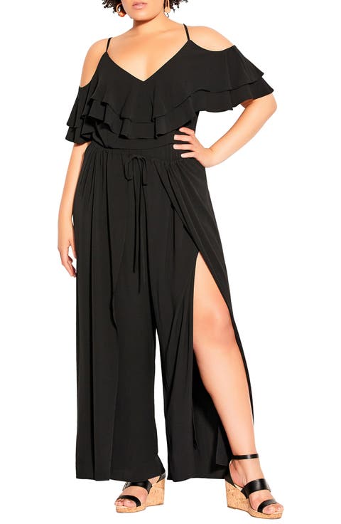 Cold Shoulder Split Leg Jumpsuit (Plus Size)