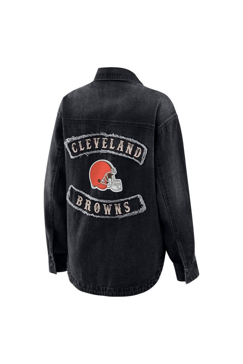 Women's WEAR by Erin Andrews Black Cleveland Browns Washed Oversized Denim Full-Snap Shacket, Alternate, color, Black