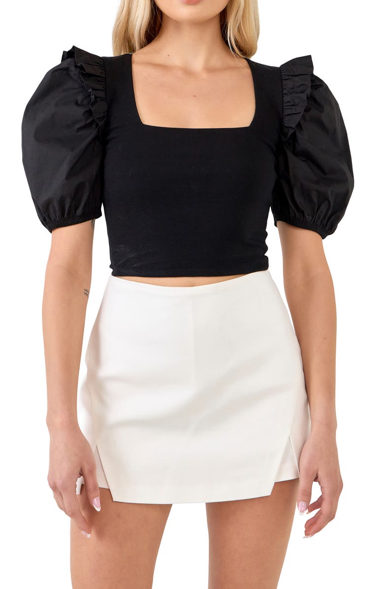 English Factory Mixed Media Puff Sleeve Crop Top, Alternate, color, 