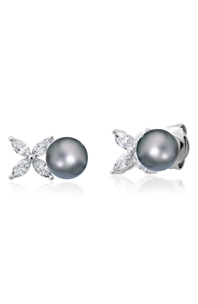 Crislu XOXO Grey Pearl & Cubic Zirconia Stud Earrings, Main, color, Pure Platinum/ Gray Pearl