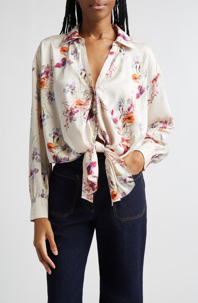 Cinq à Sept Iris Bouquet Marianna Print Tie Front Button-Up Shirt, Main, color, Oatmilk Multi