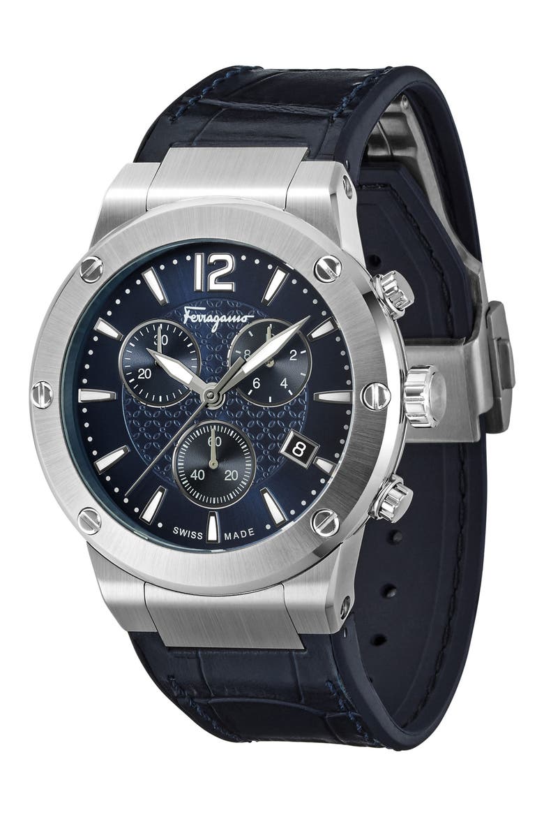 Salvatore Ferragamo F80 Chronograph Leather Strap Watch, 44mm, Main, color, NAVY/ SILVER