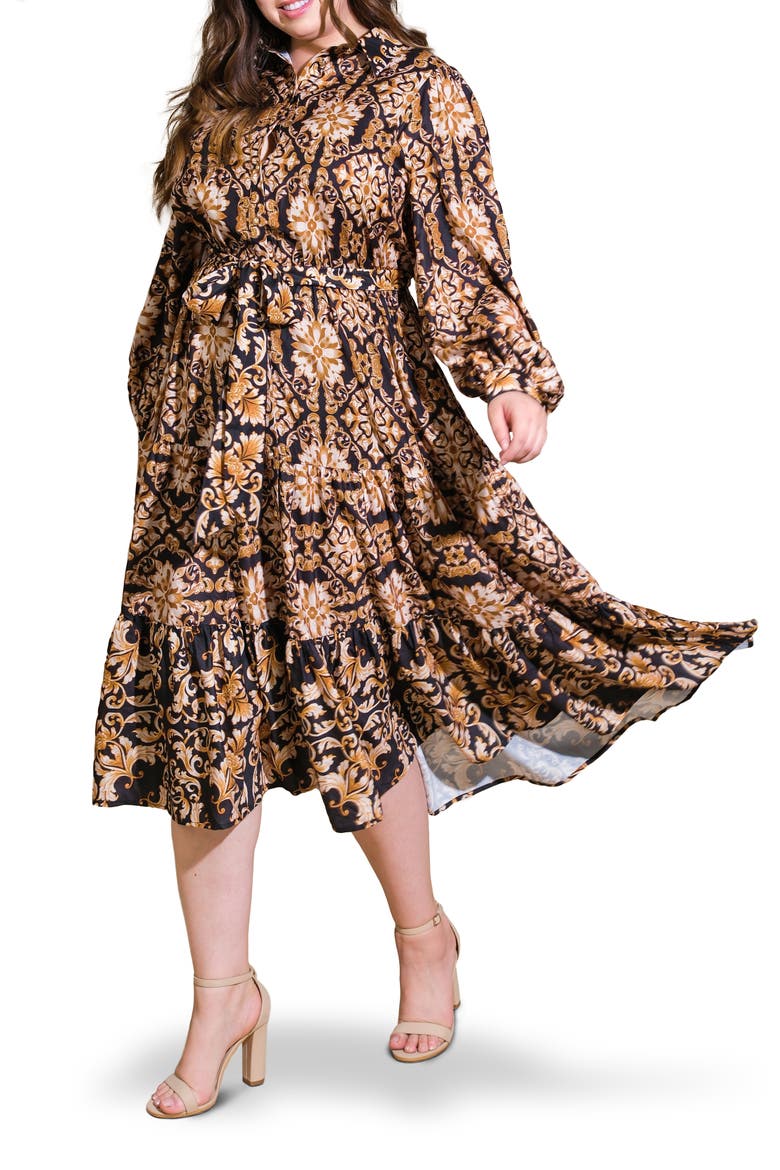 Geometric Floral Shirtdress, Main, color, BLACK