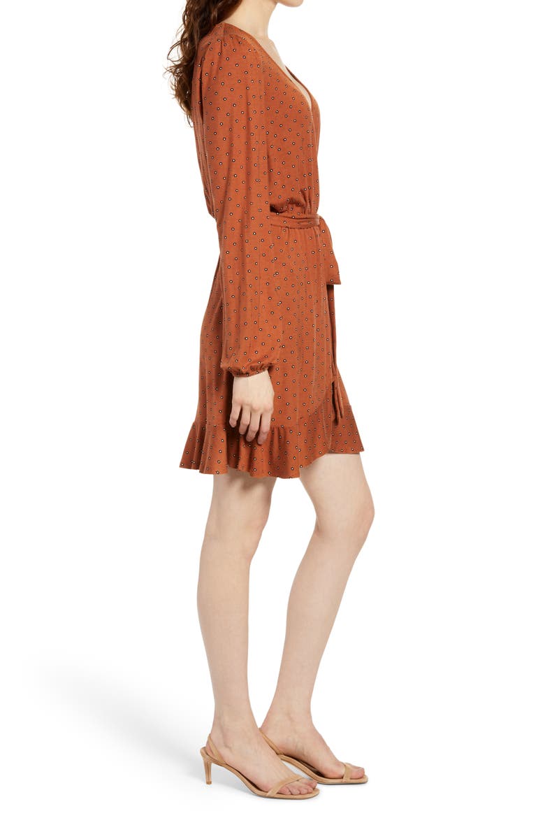 Long Sleeve Wrap Minidress, Alternate, color, BROWN DELILAH FLORAL DOT