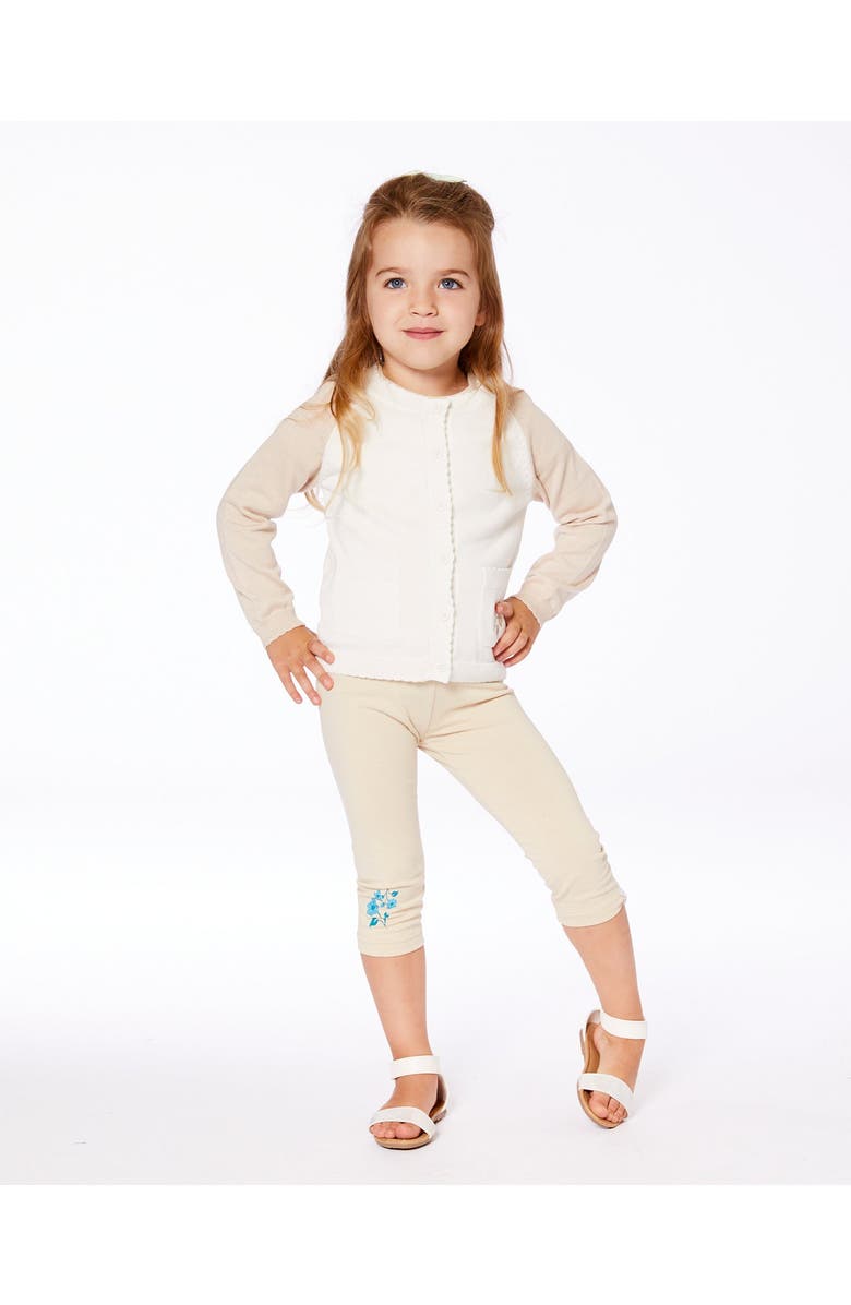 Deux par Deux Little Girl's Organic Cotton Legging Beige With Blue Flowers, Alternate, color,