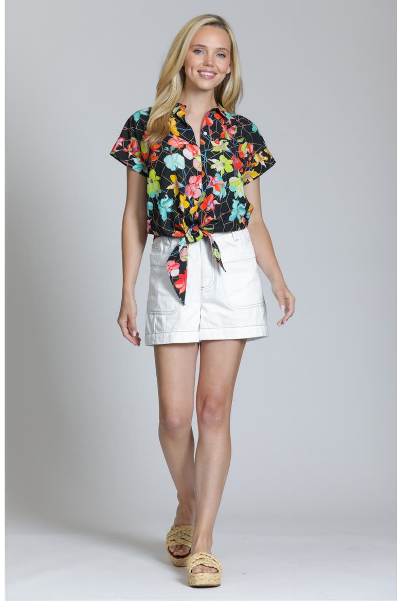 Print Tie Waist Cotton Camp Shirt, Alternate, color, TURQUOISE MULTI