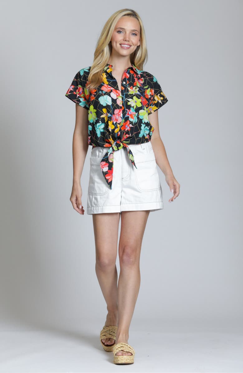 APNY Print Tie Waist Cotton Camp Shirt, Alternate, color, Turquoise Multi