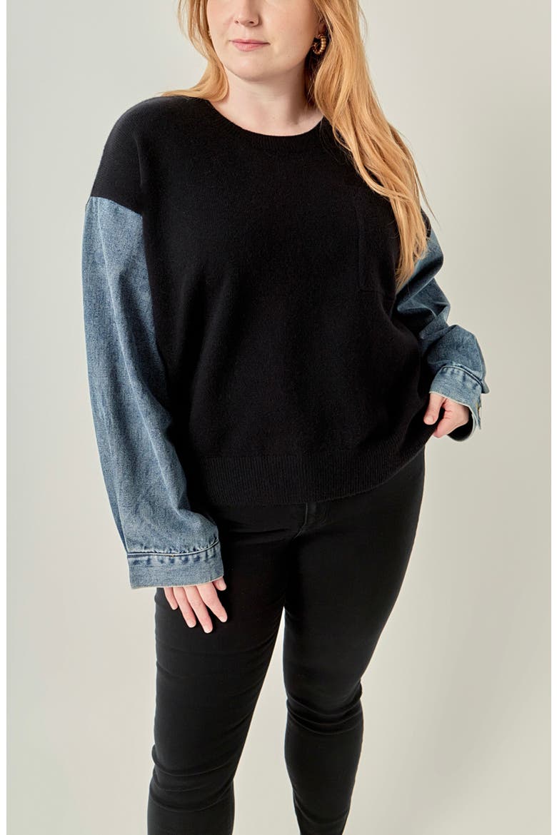 Denim Combo Sleeve Sweater, Alternate, color, BLACK / DENIM
