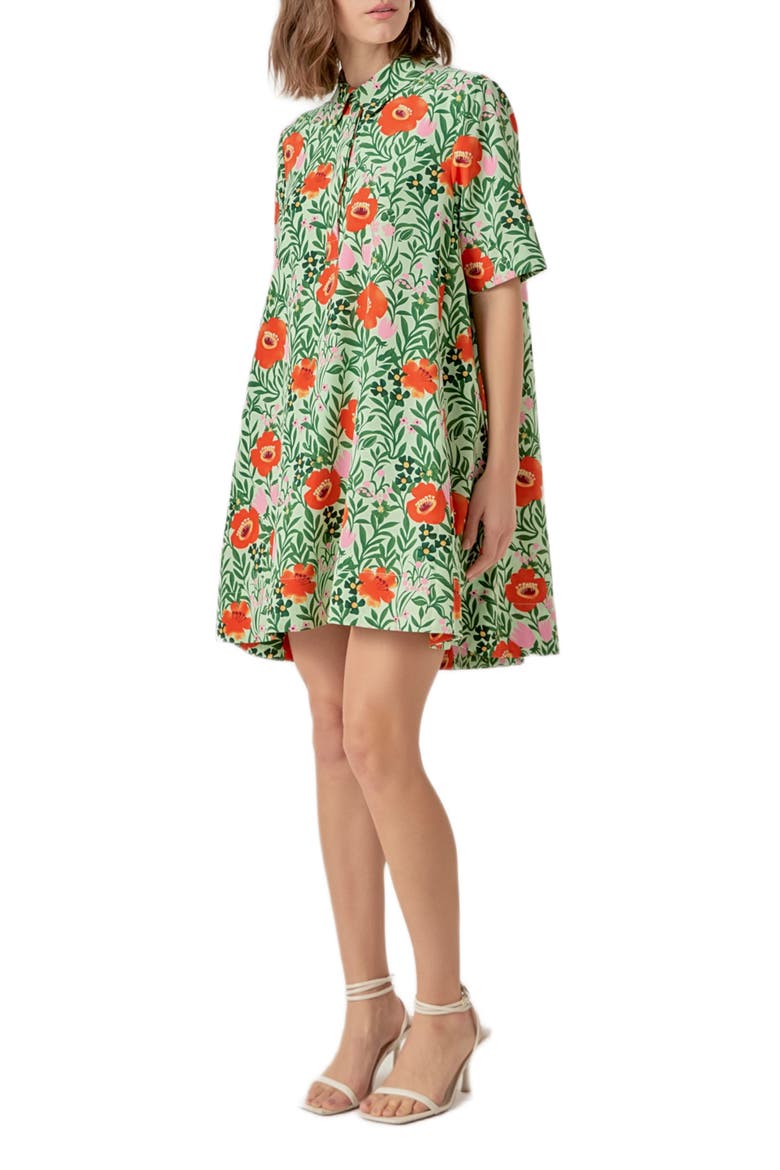 Floral Short Sleeve Cotton Shirtdress, Alternate, color, LIME MULTI