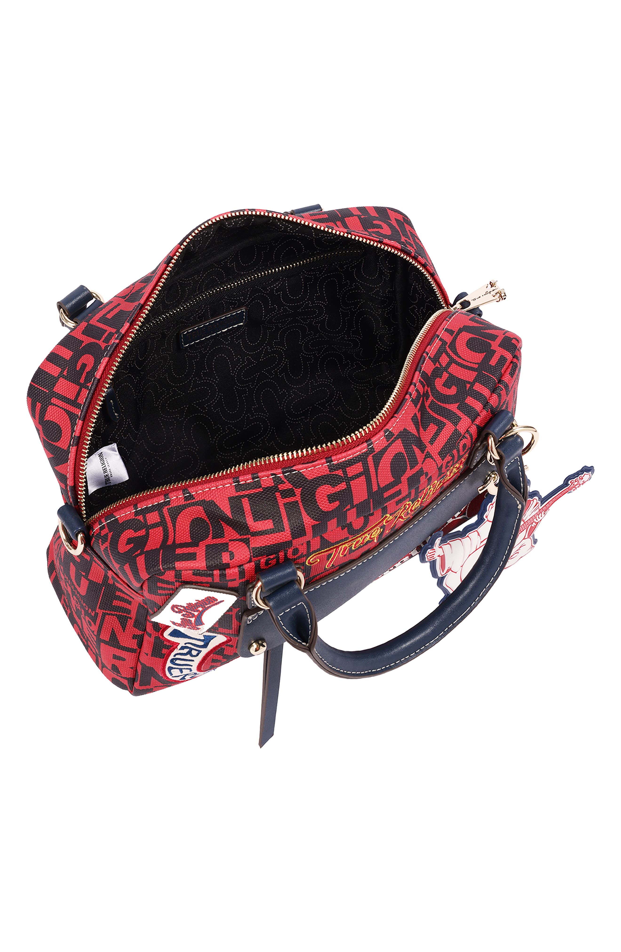 Multi Patch Graphic Faux Leather Satchel, Alternate, color, RED