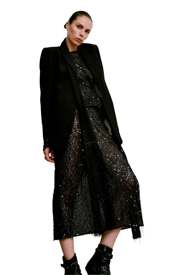 Tulli Shimmering Sequin Midi Skirt, Main, color, Black