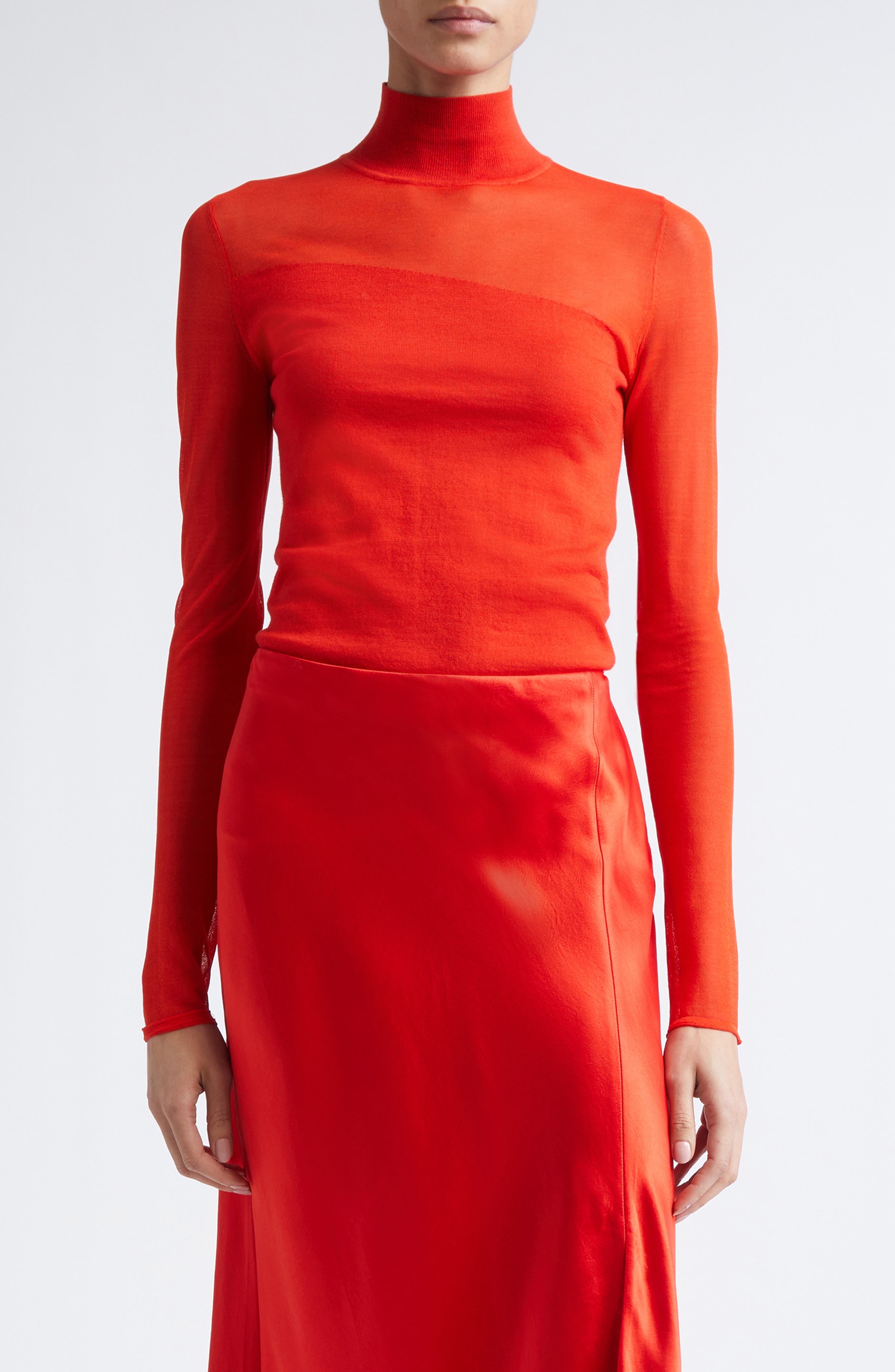 Jason Wu Collection Sheer Inset Merino Wool Turtleneck Sweater In Orange
