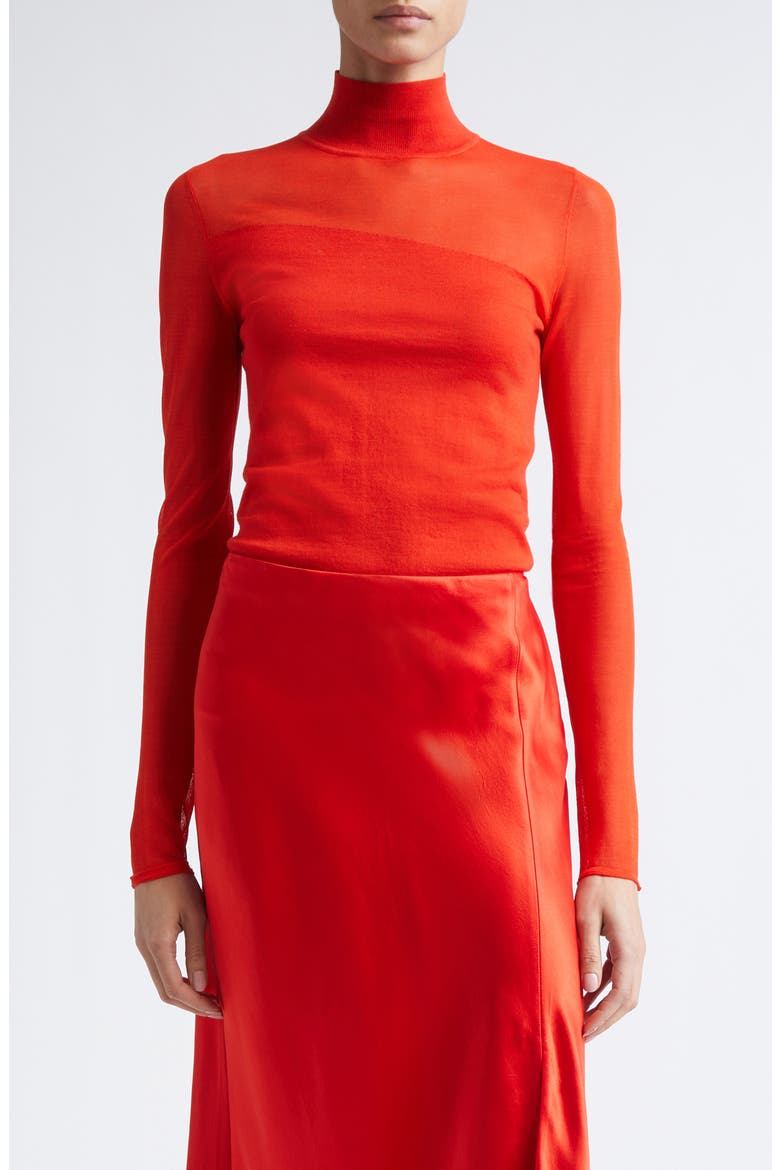 Sheer Inset Merino Wool Turtleneck Sweater, Main, color, PAPAYA