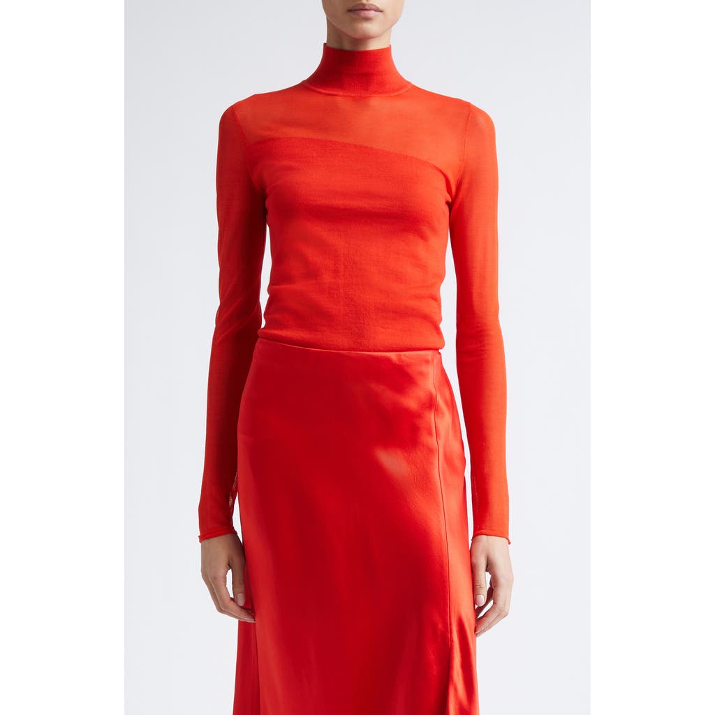 Jason Wu Collection Sheer Inset Merino Wool Turtleneck Sweater In Orange