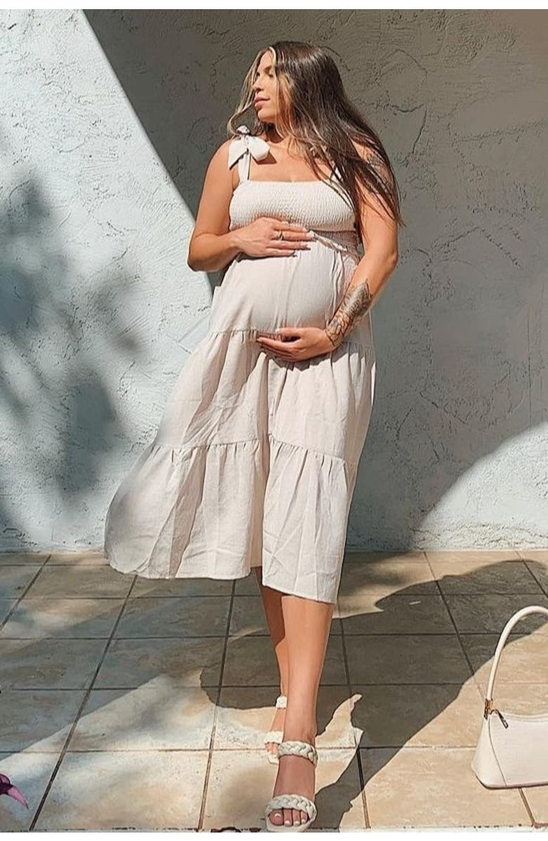 PinkBlush Bow Strap Tiered Midi Dress, Alternate, color, Beige