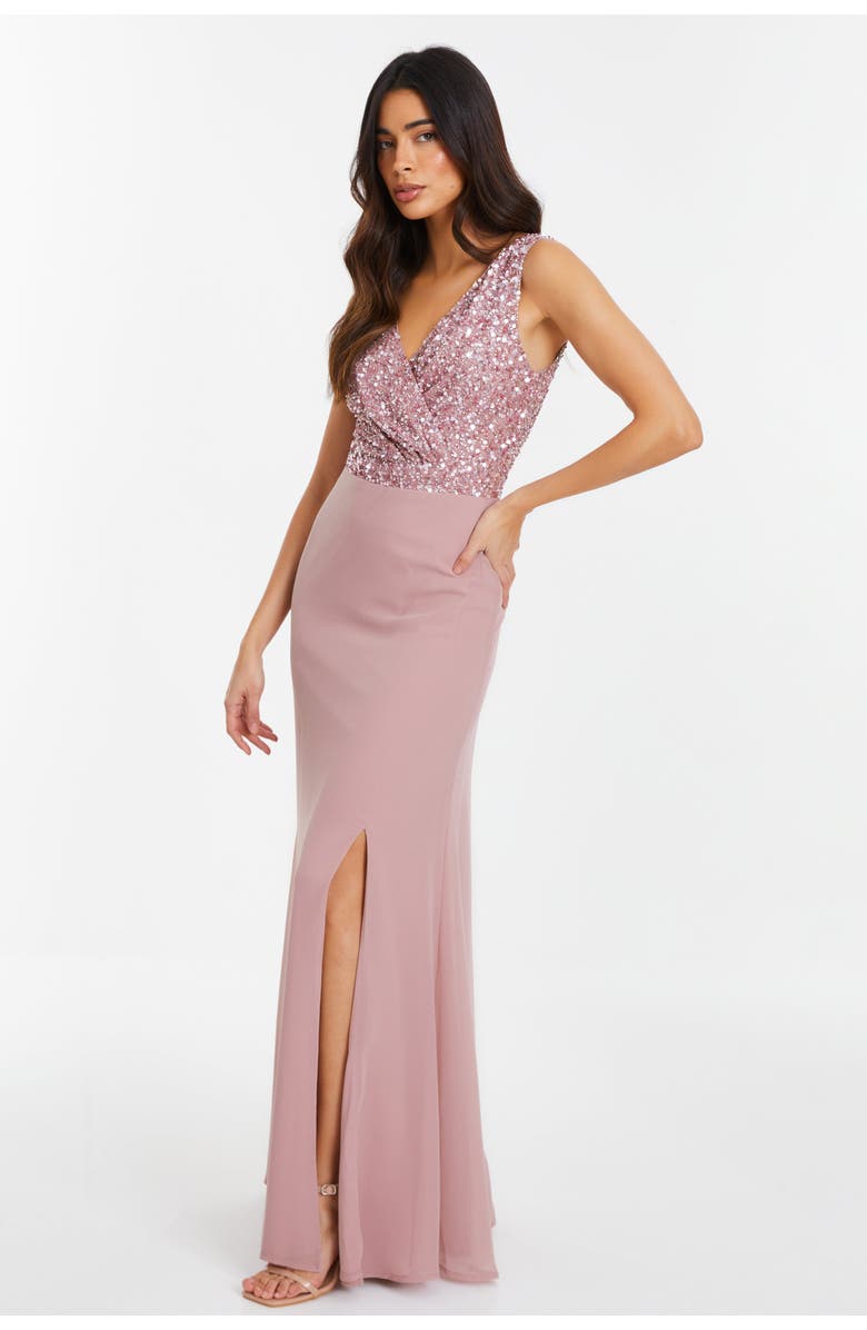 QUIZ Chiffon Embellished Wrap maxi Dress, Alternate, color, 