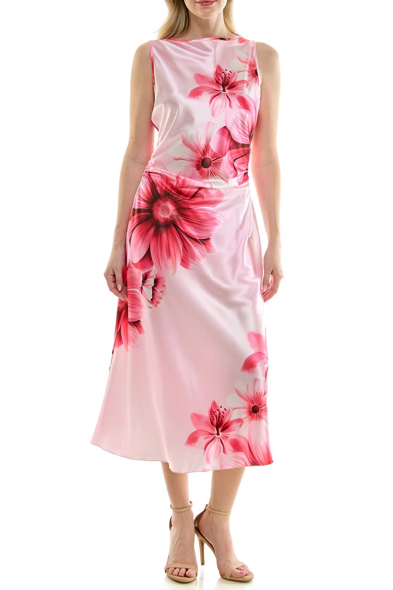 Shirred Side Satin Midi Dress, Main, color, PINK FLORAL