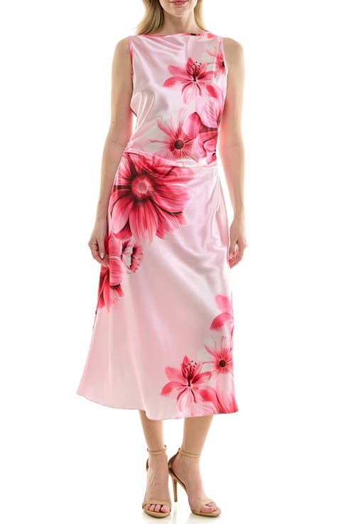 Shirred Side Satin Midi Dress