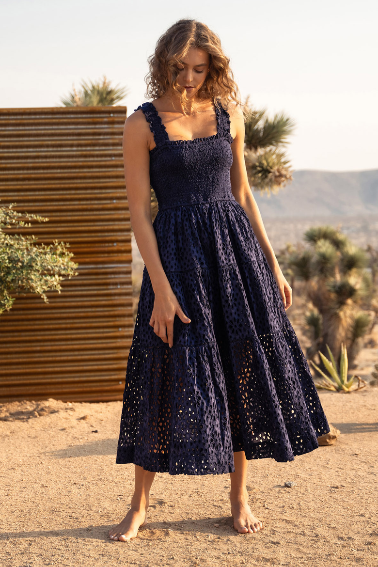 Kristen Sleeveless Smocked Eyelet Midi Dress, Alternate, color, Navy Seaside Eyelet