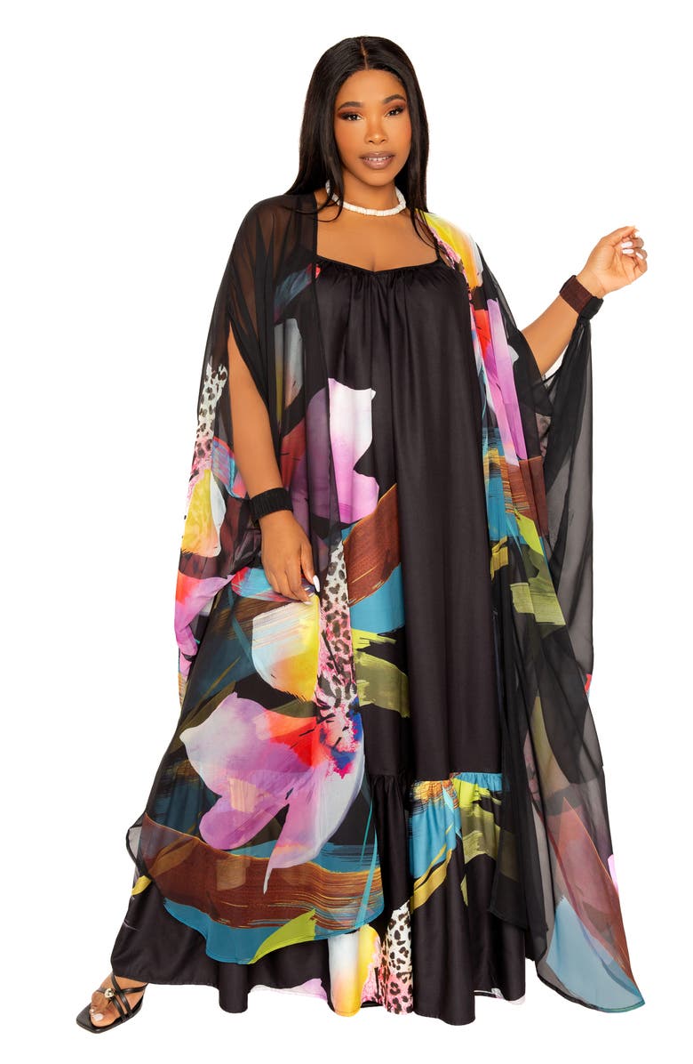 BUXOM COUTURE Floral Robe with Wristband, Alternate, color, Black Multi