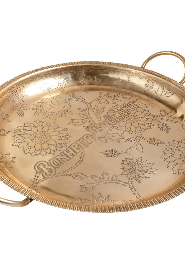 Nanpur Patterned Handle Round Metal Decorative Tray 19X16X3 In, Alternate, color, Gold