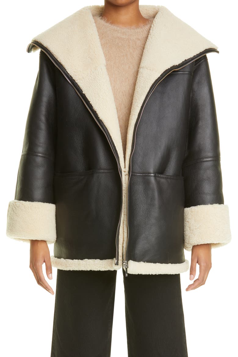Totême Menfi Oversize Genuine Shearling Coat, Main, color, BLACK/OFF-WHITE 913