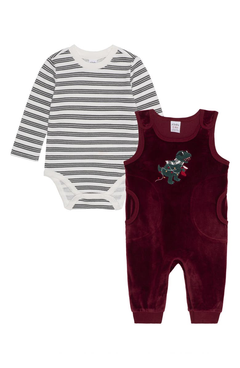 PL Baby by Petit Lem Christmas Dinosaur Romper & Bodysuit Set, Main, color, Red Dino