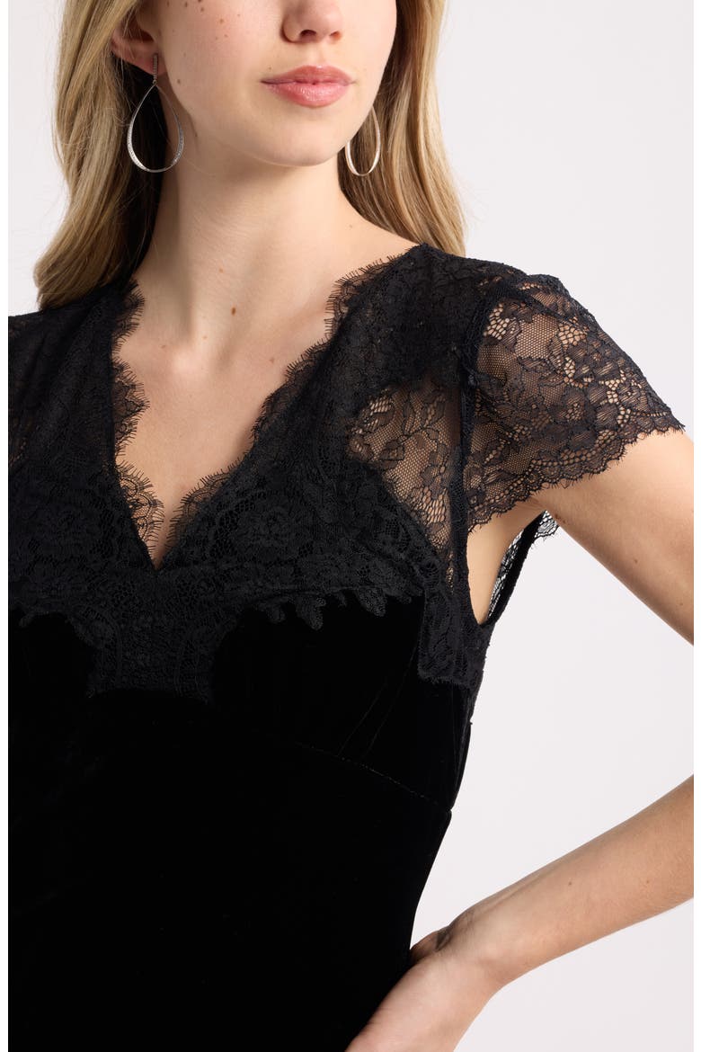 Lace & Velvet Midi Dress, Alternate, color, BLACK