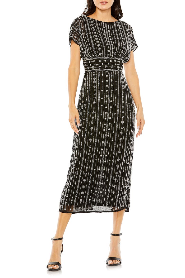Beaded Cap Sleeve Column Midi Dress, Main, color, BLACK