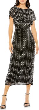 Mac Duggal Beaded Cap Sleeve Column Midi Dress