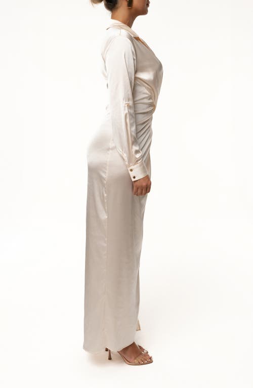 Jluxlabel Front Wrap Long Sleeve Satin Maxi Dress In Neutral