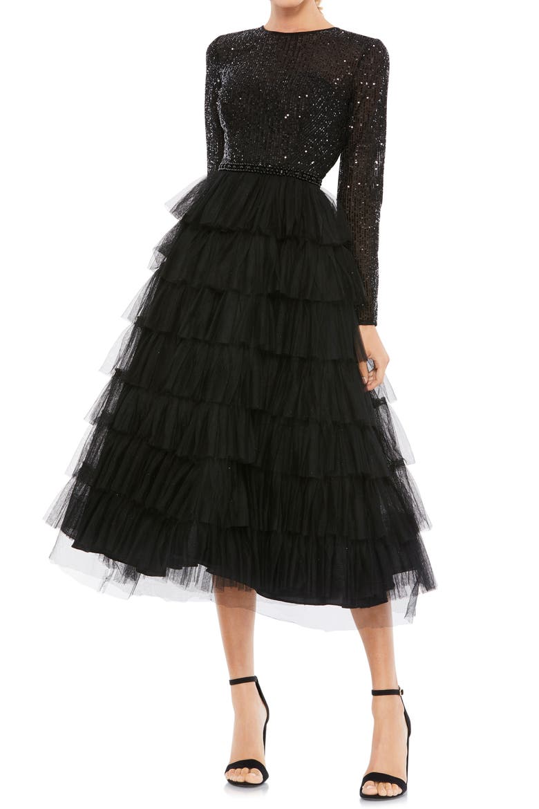 Sequined Layered Tulle A-Line Cocktail Dress, Main, color, BLACK