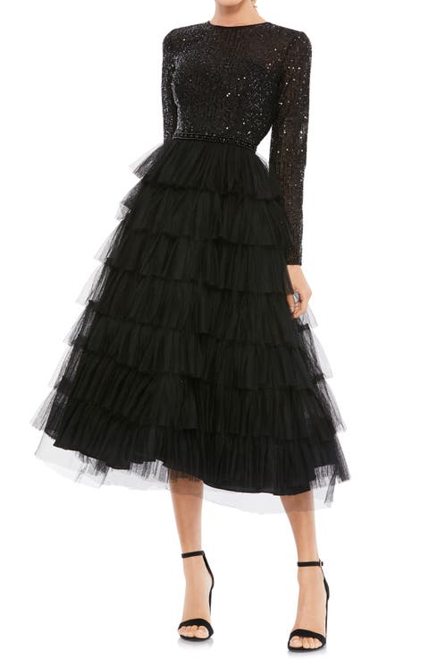 Sequined Layered Tulle A-Line Cocktail Dress